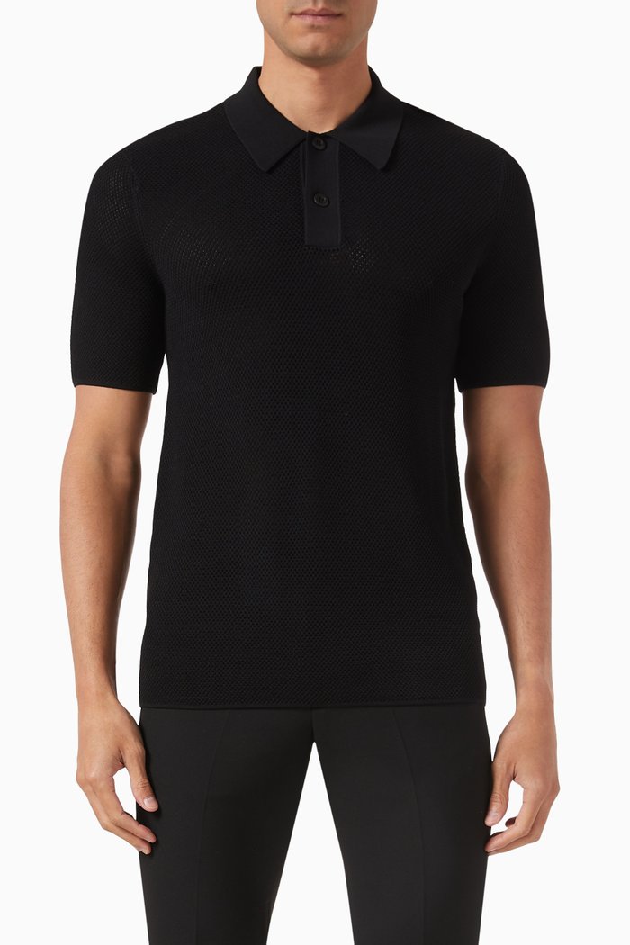 

Polo Shirt in Openwork Knit, Black