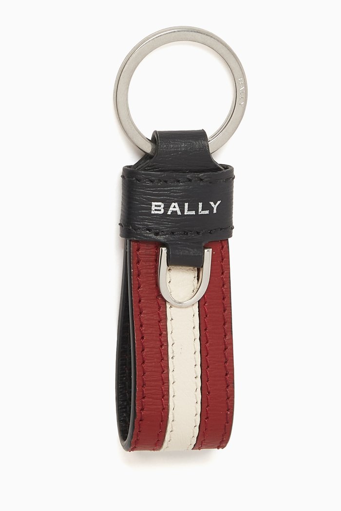 

Logo Stripe Key Ring in Leather, Black