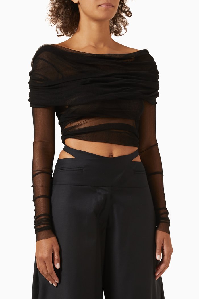 

Veiled Off-shoulder Top in Mesh, Black