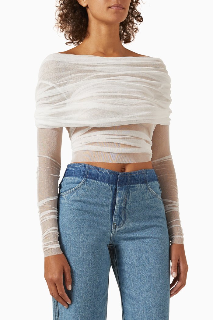 

Veiled Off-shoulder Top in Mesh, White