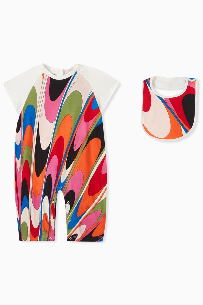 Onde Print Romper & Bib Gift Set in Cotton, Multicolour