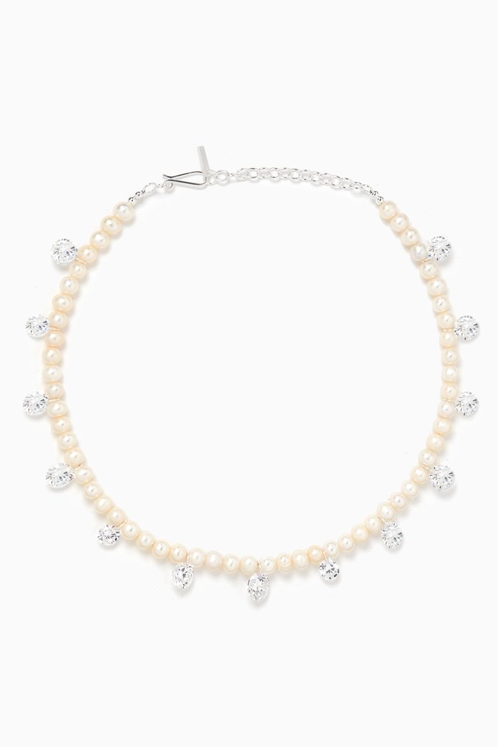 Pearl & Cubic Zirconia Beaded Necklace in Sterling Silver