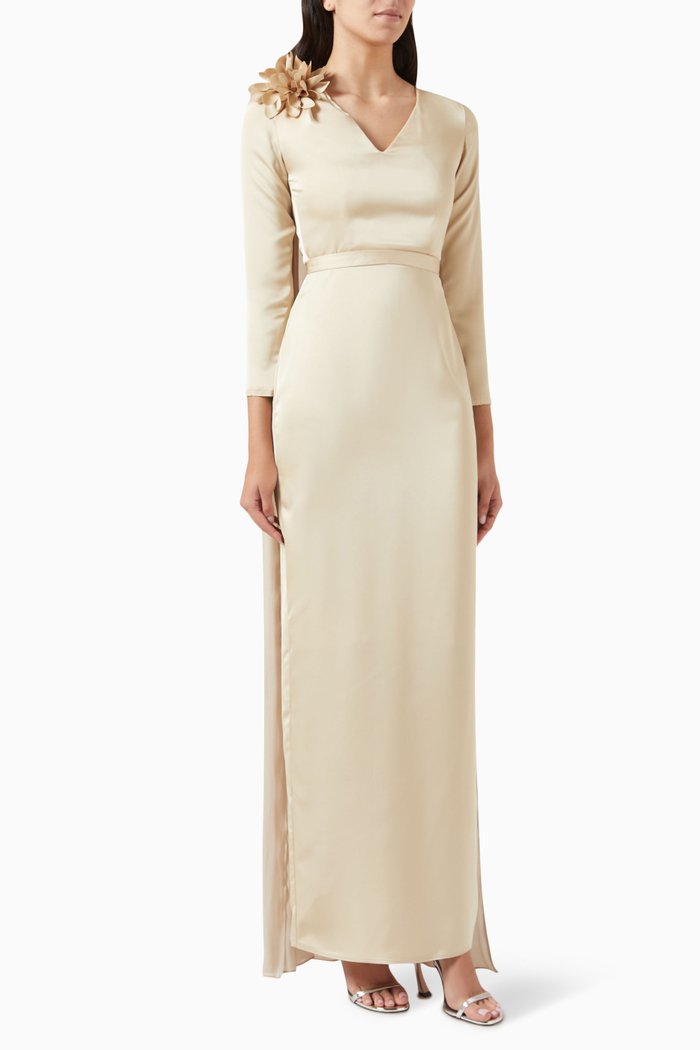 

V-neck Cape Maxi Dress in Satin & Lurex Organza, Gold