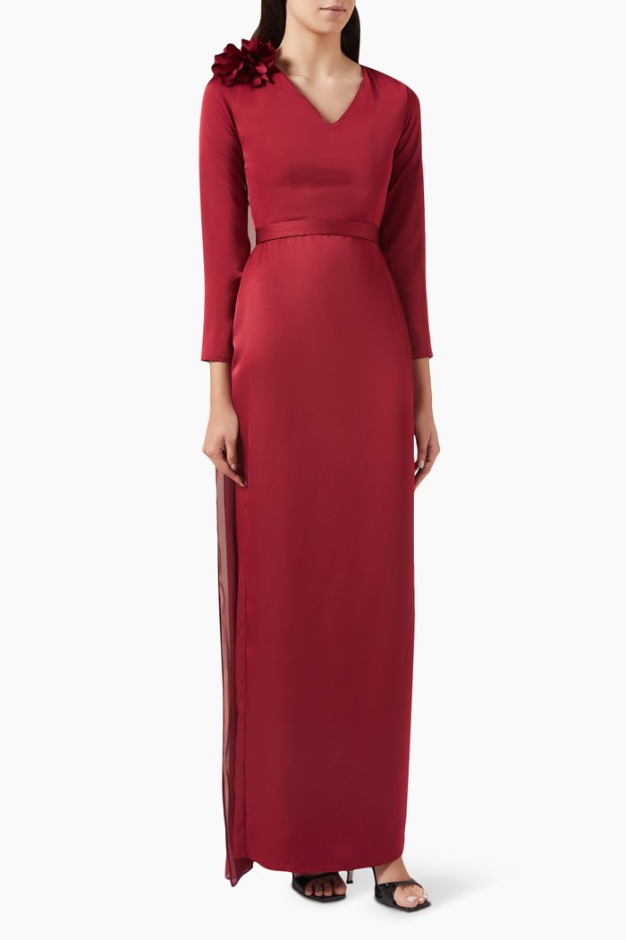 

V-neck Cape Maxi Dress in Satin & Lurex Organza, Red