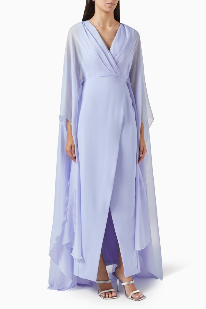 

Cape-sleeve Maxi Dress in Crepe & Chiffon, Blue