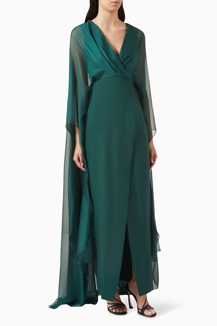 Cape-sleeve Maxi Dress in Crepe & Chiffon, Green