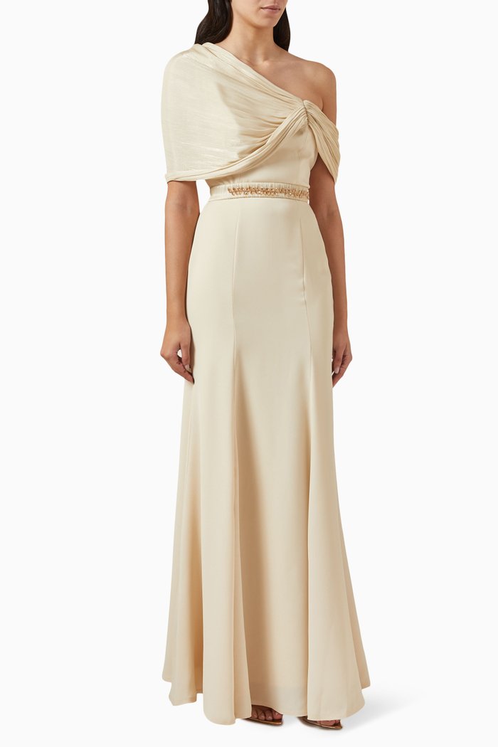 

Draped One-shoulder Maxi Dress in Crepe & Lurex Organza, Neutral