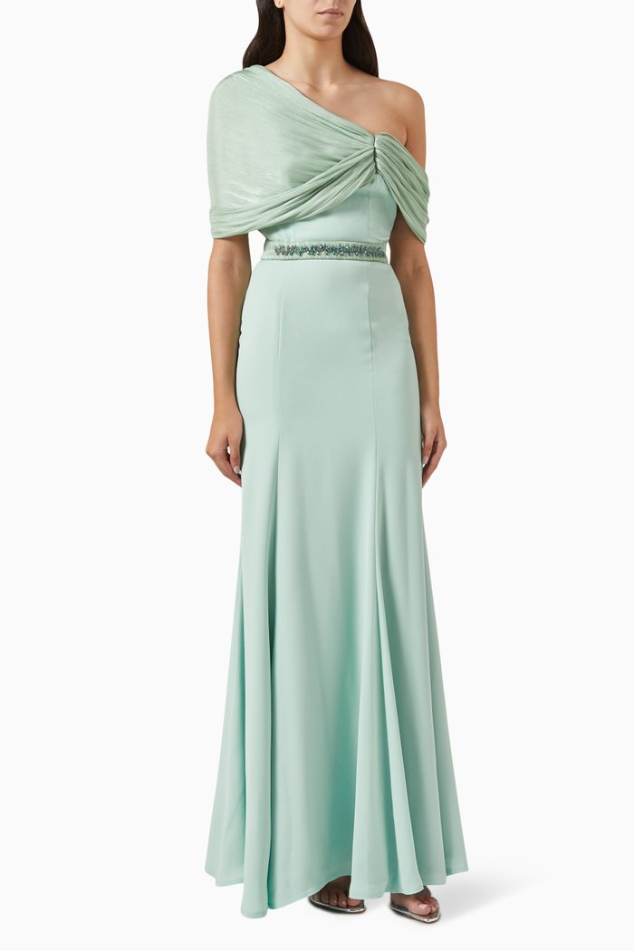 

Draped One-shoulder Maxi Dress in Crepe & Lurex Organza, Green