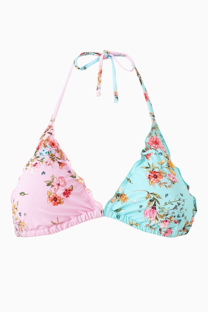 

Embroidered Lettuce Edge Tri Bikini Top, Multicolour