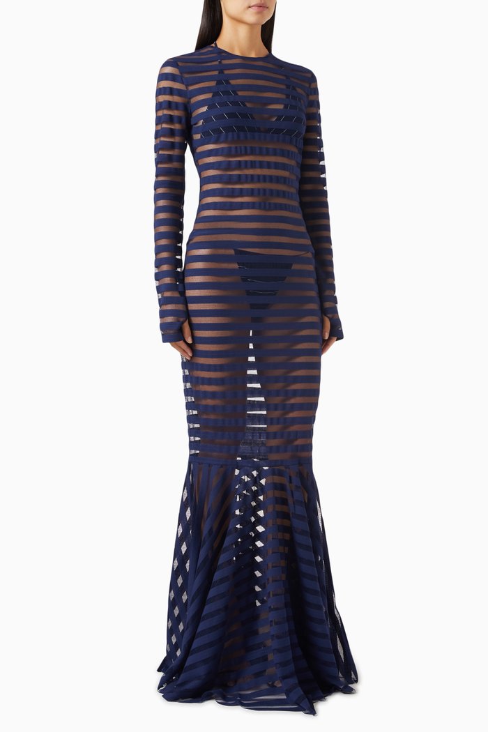 

Fishtail Gown in Striped Mesh, Blue