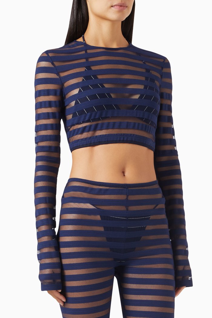 

Crop Top in Striped Mesh, Blue