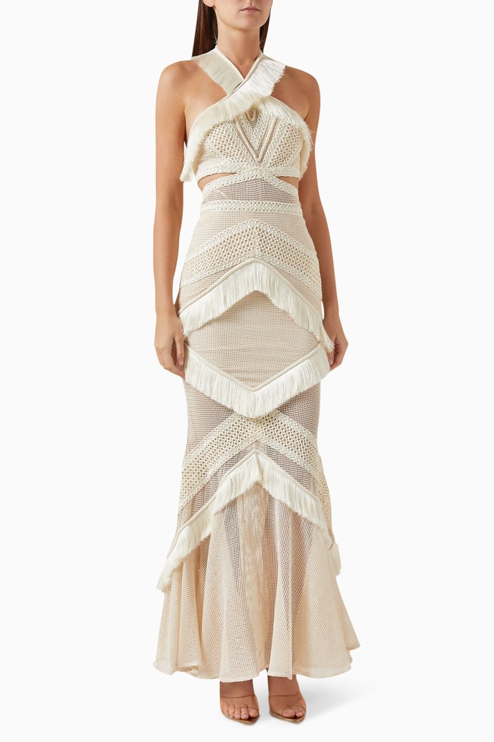 

Fringe-trim Halterneck Maxi Dress in Mesh, Neutral