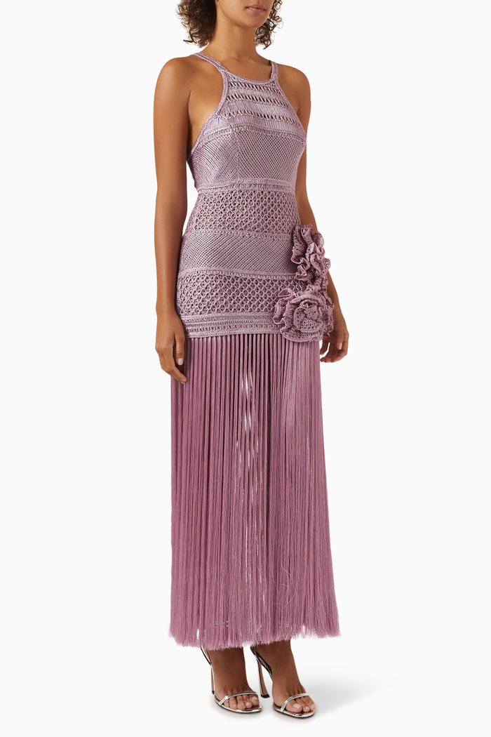 

Latticework Fringe Maxi Dress in Viscose, Purple