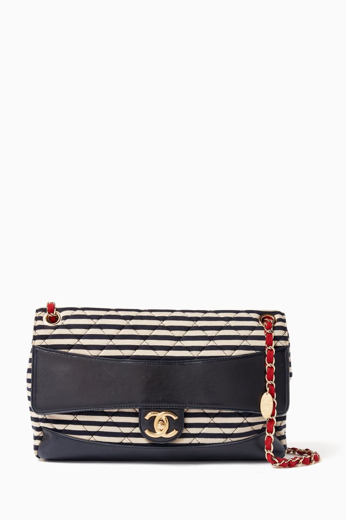 

Chanel Striped Flap Bag in Jersey & Lambskin, Blue