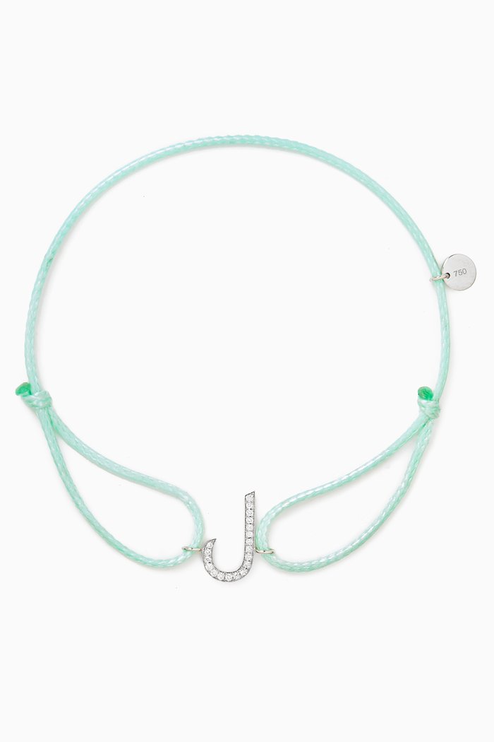 Diamond Arabic Initial Thread Bracelet, Letter 'L' in 18kt White Gold, Green