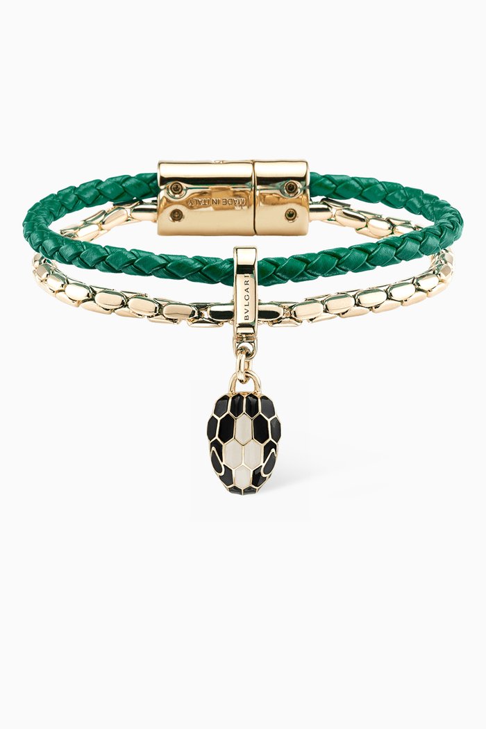 

Serpenti Forever Bracelet in Leather & Brass, Green