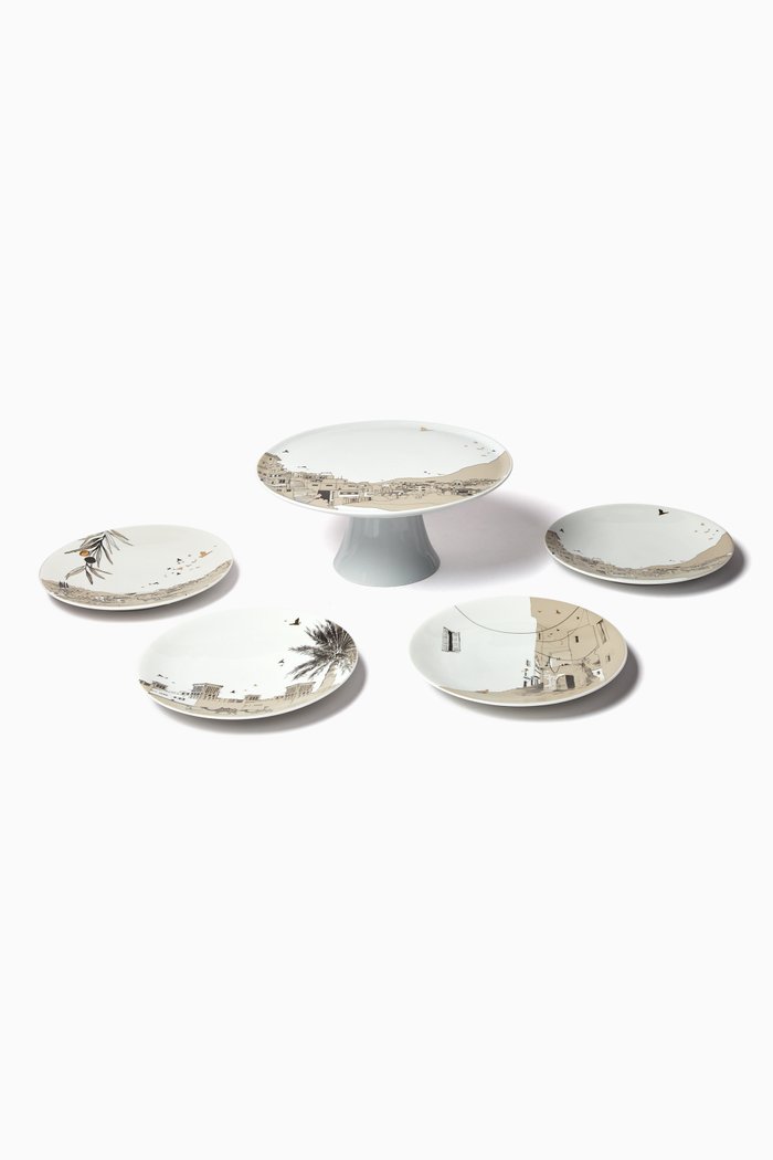 

Naseem Cake Stand & 4 Dessert Plates in Porcelain, Multicolour