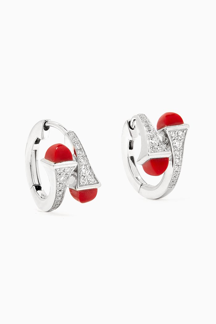 

Cleo Diamond & Red Agate Huggie Earrings in 18kt White Gold, Silver