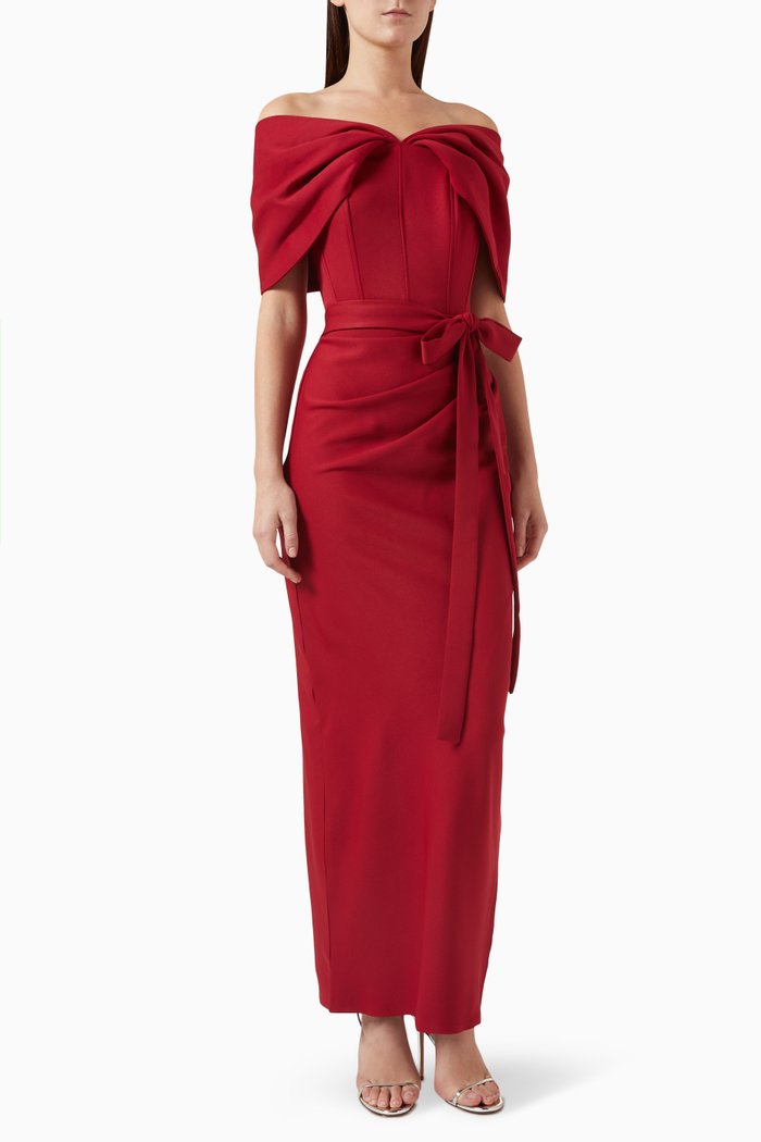 

Off-shoulder Belted Maxi Dress, Red