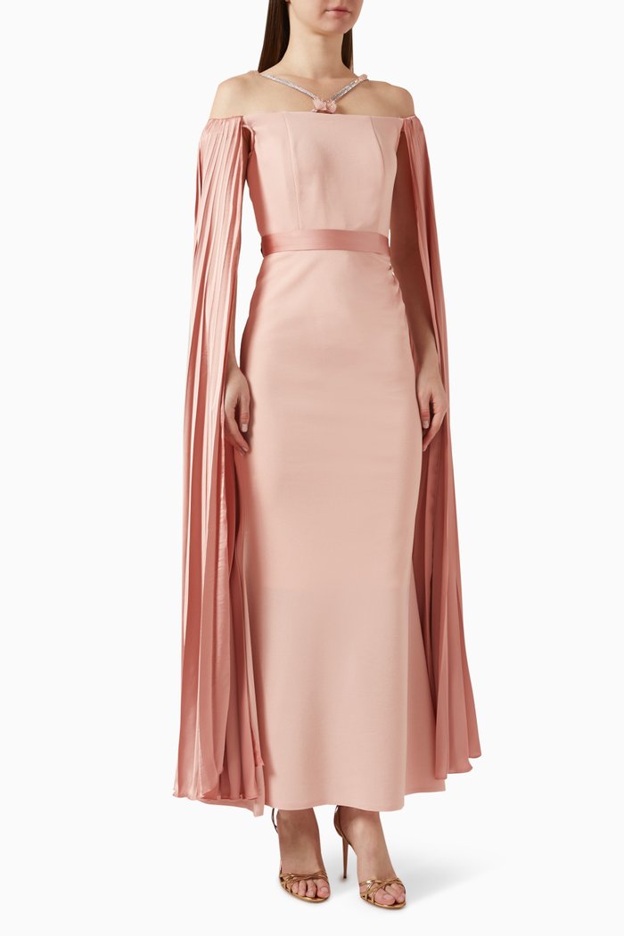 

Off-shoulder Crystal Cape-style Maxi Dress, Pink
