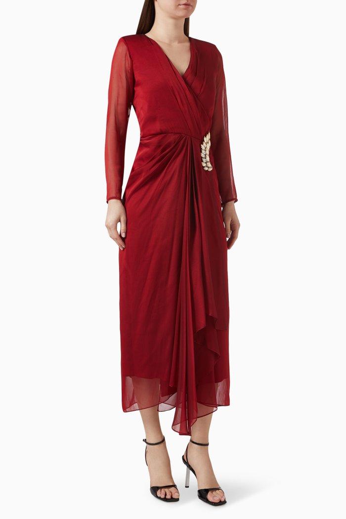 

Vivia Embellished Wrap Dress in Chiffon, Red