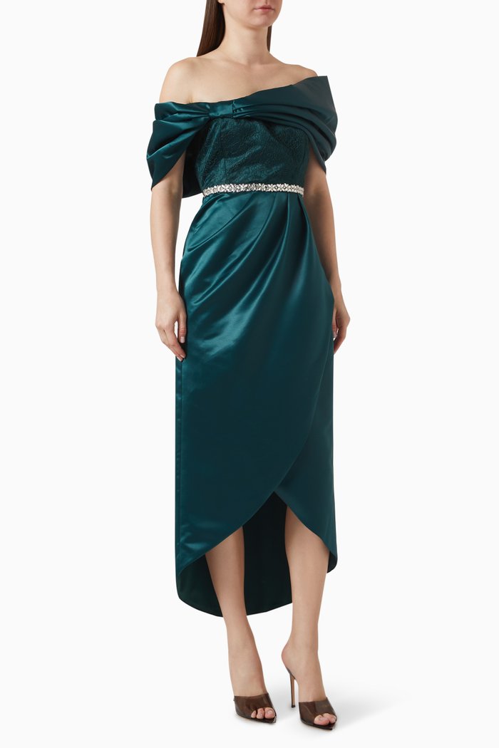 Maia Embellished Dress in Satin, Green