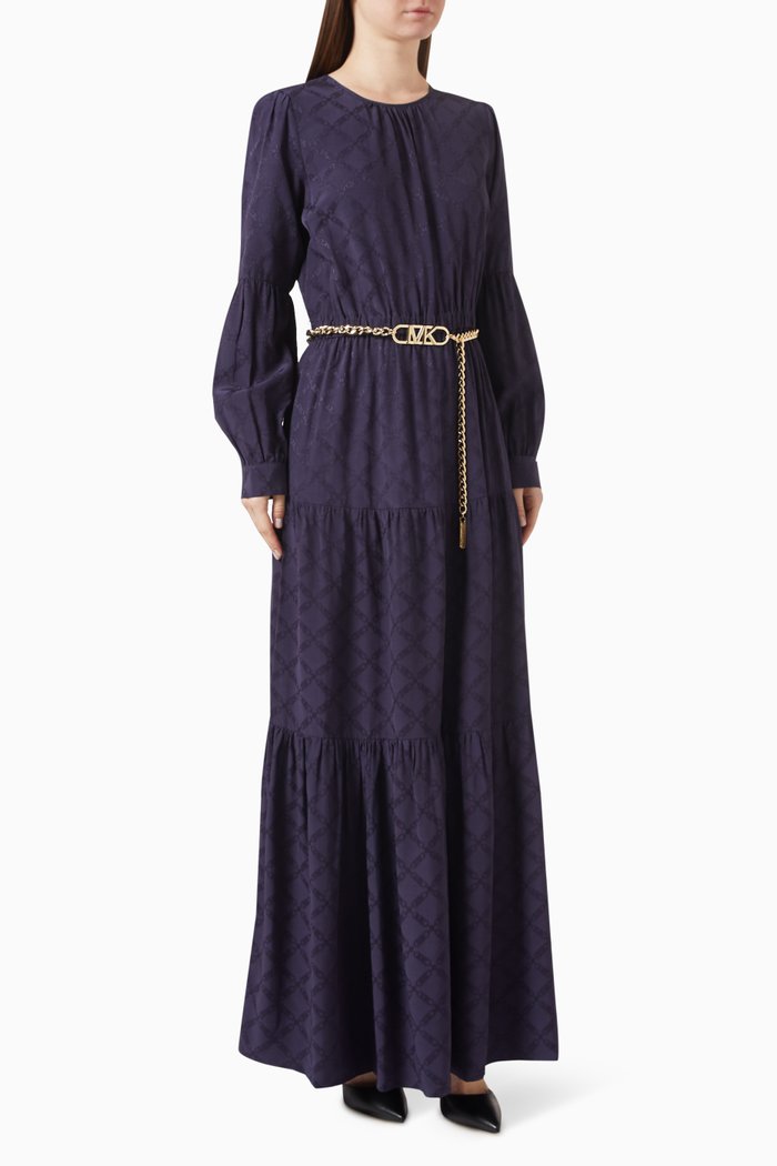 

Empire Logo Jacquard Belted Maxi Dress, Blue