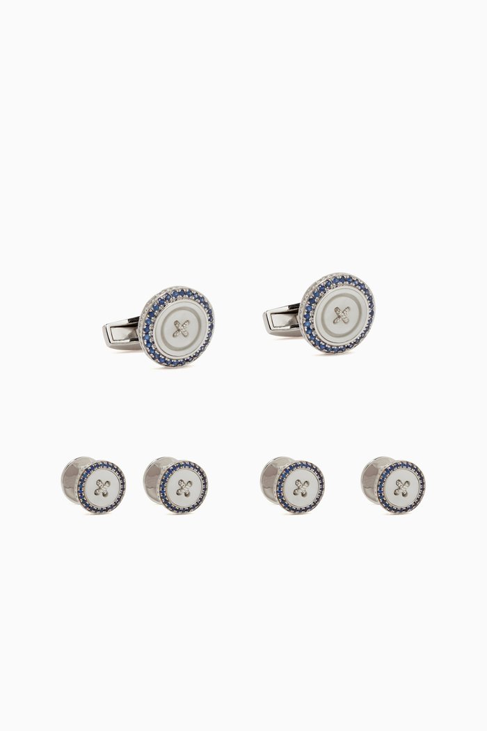 

Button Mother-of-Pearl & Sapphires Cufflinks & Stud Set in Sterling Silver, Blue