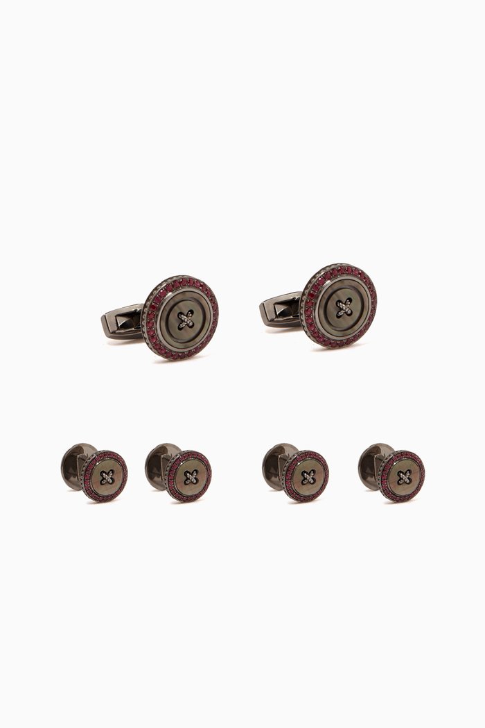

Button Mother-of-Pearl & Rubies Cufflinks & Stud Set in Sterling Silver, Black