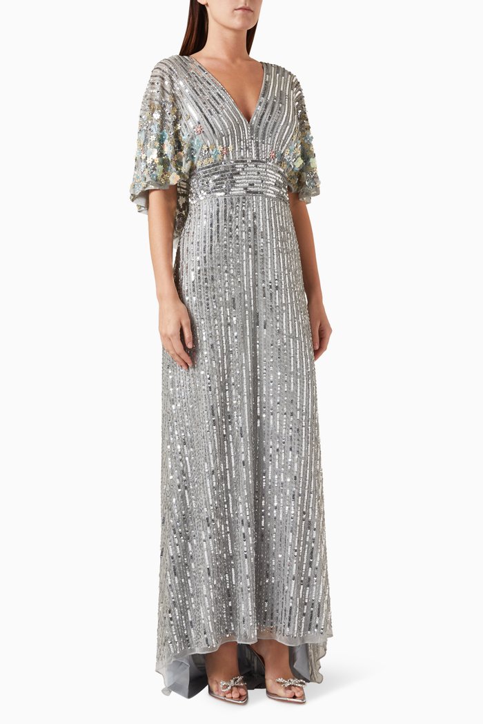 

V-neckline Floral-embellished Cape Gown in Mesh, Silver