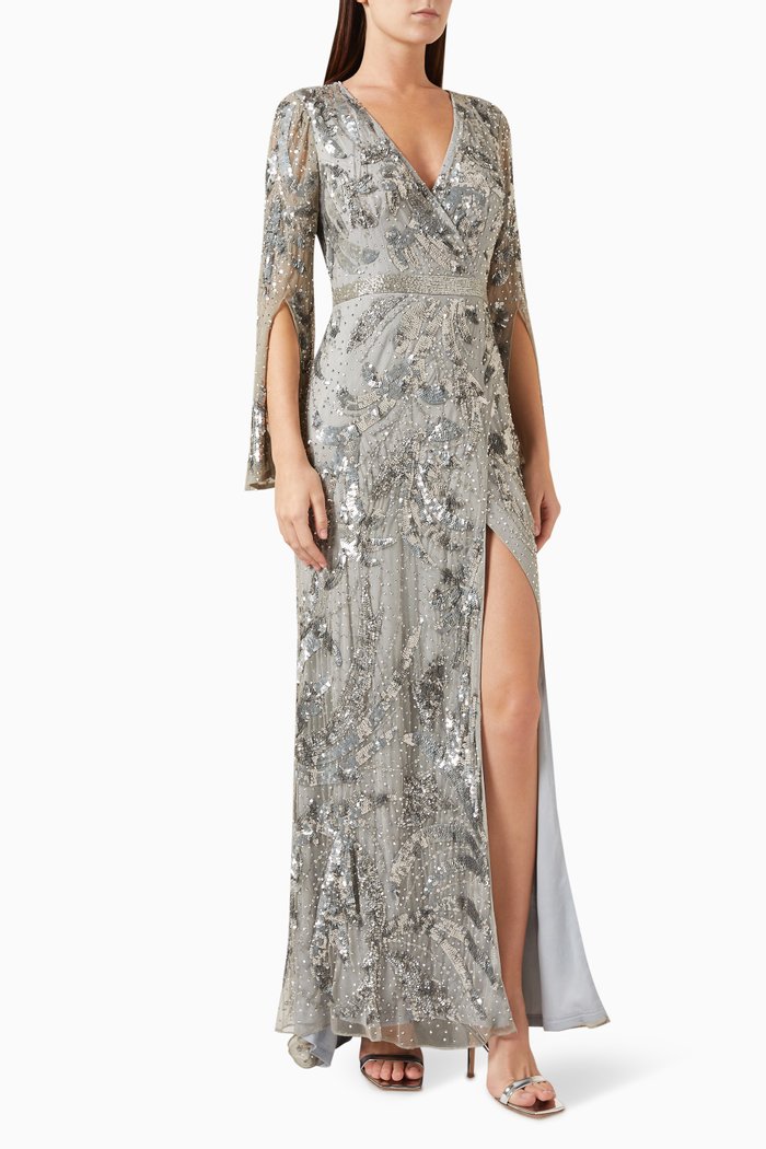 

Sequin-embellished Faux Wrap Maxi Gown in Mesh, Silver