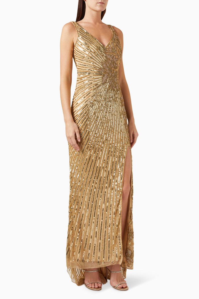 

Floral Beaded Gown in Mesh, Gold