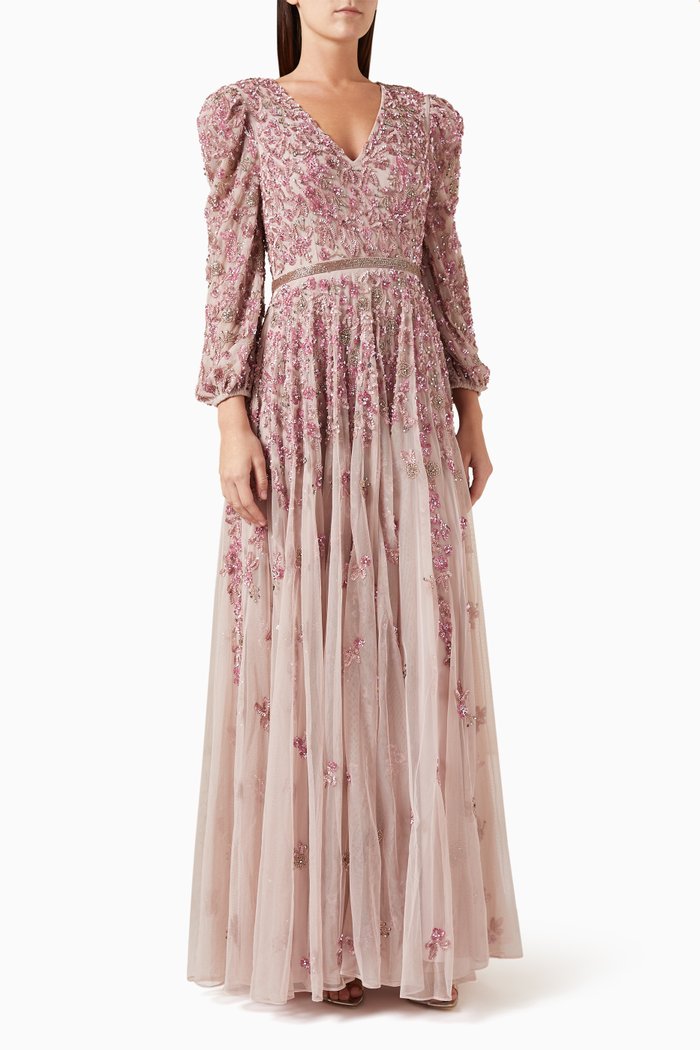 

V-neckline Embellished Gown in Mesh, Pink