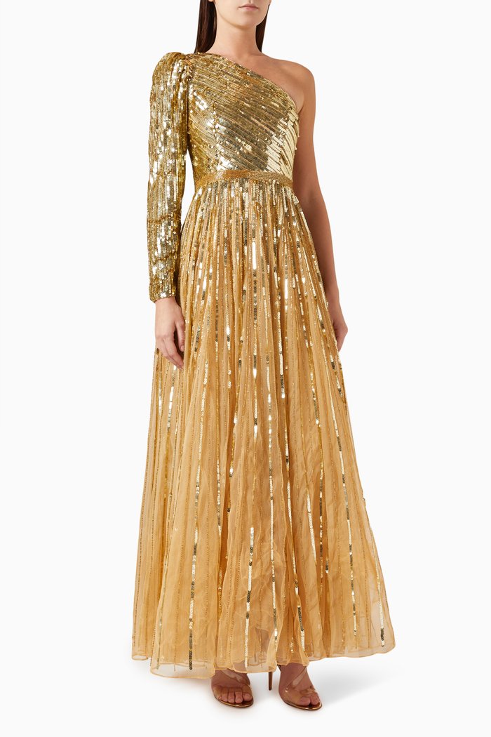One-shoulder A-line Gown in Mesh, Gold