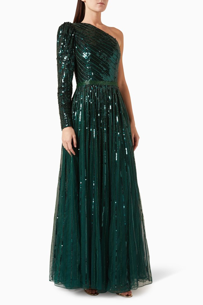 

One-shoulder A-line Gown in Mesh, Green
