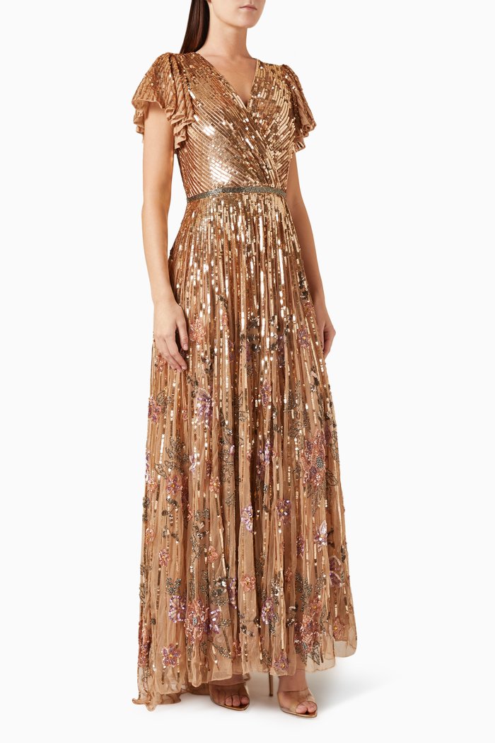 

Flounce-sleeve Sequin-embellished Gown in Mesh, Gold