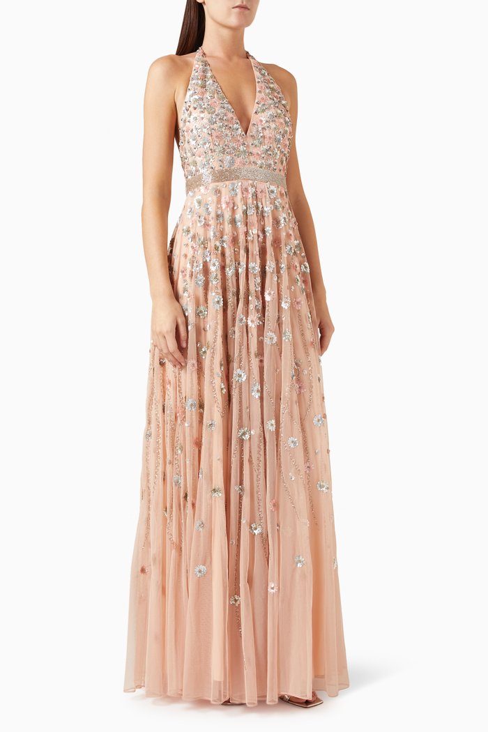 

Floral-embellished Halterneck Gown in Mesh, Pink