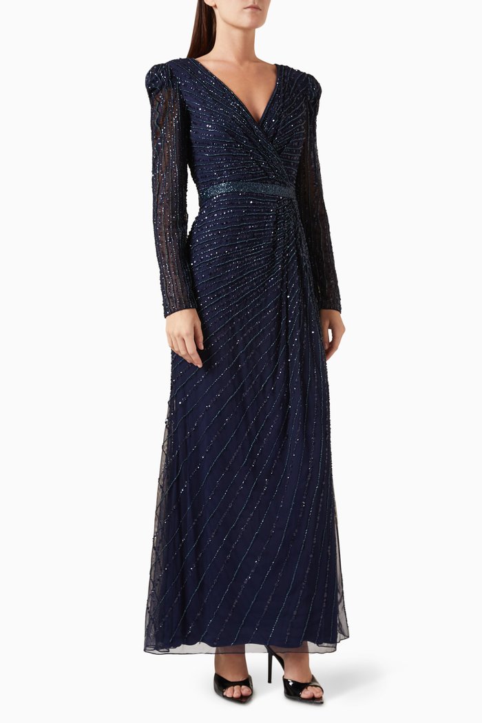 

Sequin-embellished Wrap-style Gown in Mesh, Blue