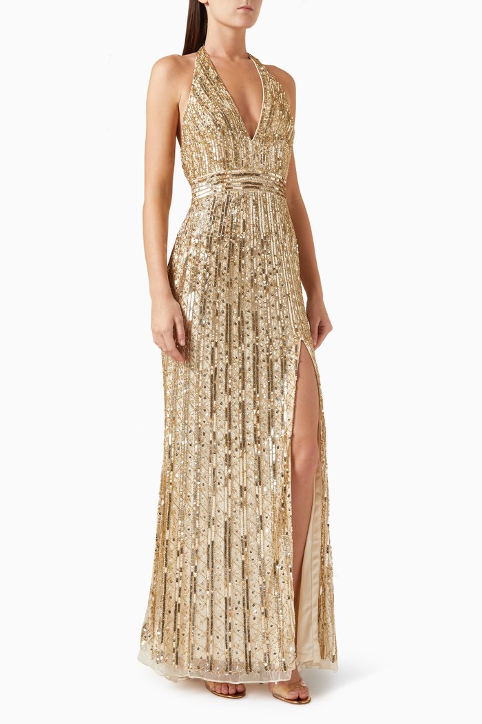

Halterneck Sequin-embellished Gown in Mesh, Gold