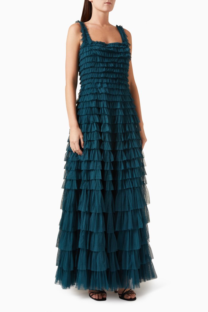 

Ruffled Tiered Gown in Mesh, Green