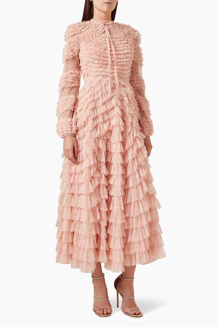 

Puffed Ruffled Gown in Mesh, Pink