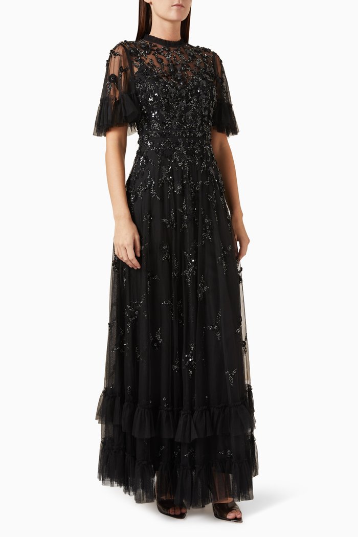 Floral-embellished Flutter-sleeve Gown in Tulle, Black