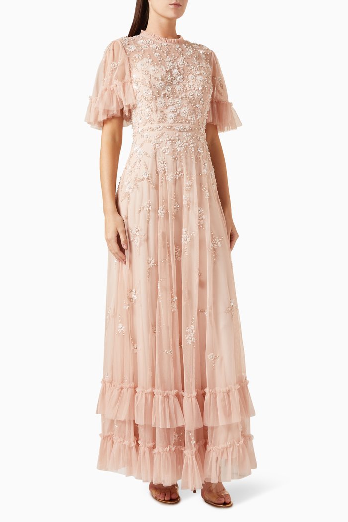 

Floral-embellished Flutter-sleeve Gown in Tulle, Pink