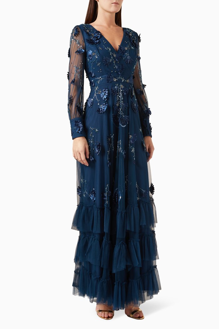 

V-neckline Tiered Embellished Gown in Tulle, Blue