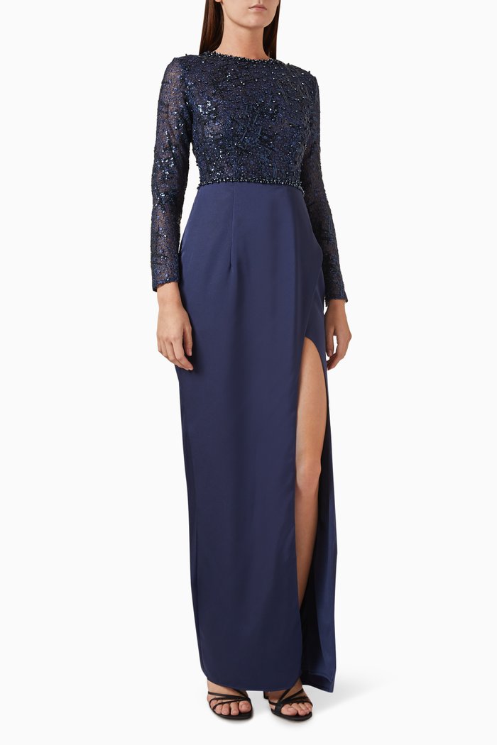 

Embellished Wrap Gown in Crepe, Blue