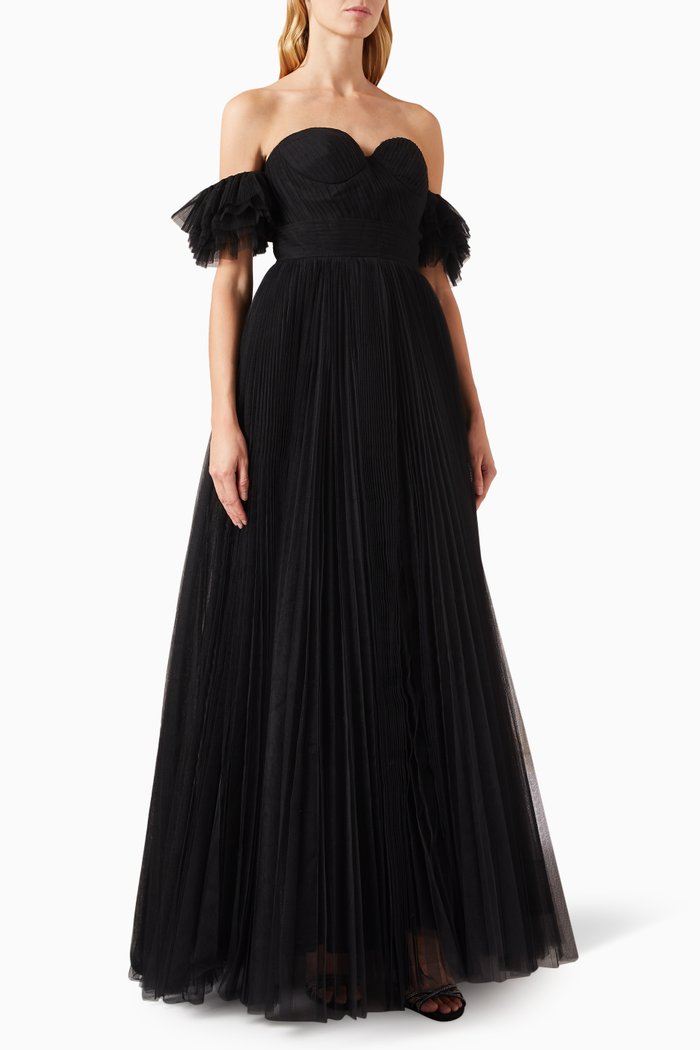 

Off-shoulder Gown in Pleated Tulle, Black
