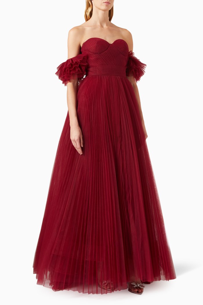 

Off-shoulder Gown in Pleated Tulle, Red