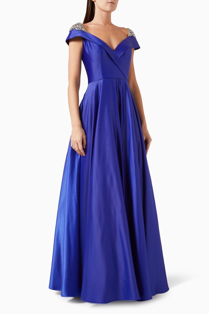 Embellished Cap=sleeve V-neck Gown in Satin, Blue