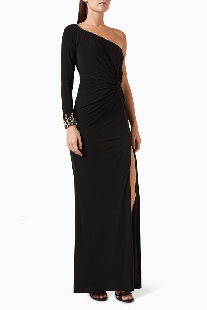 

One-sleeve Beaded Cuff Twist Gown in Jersey, Black