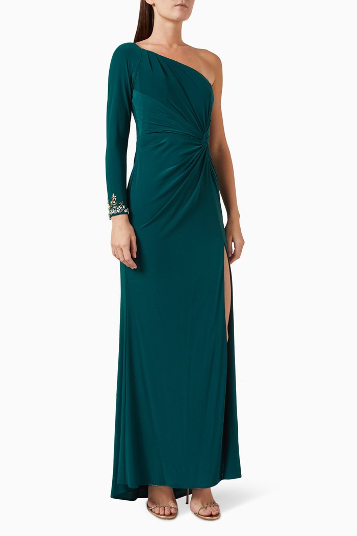 

One-sleeve Beaded Cuff Twist Gown in Jersey, Green